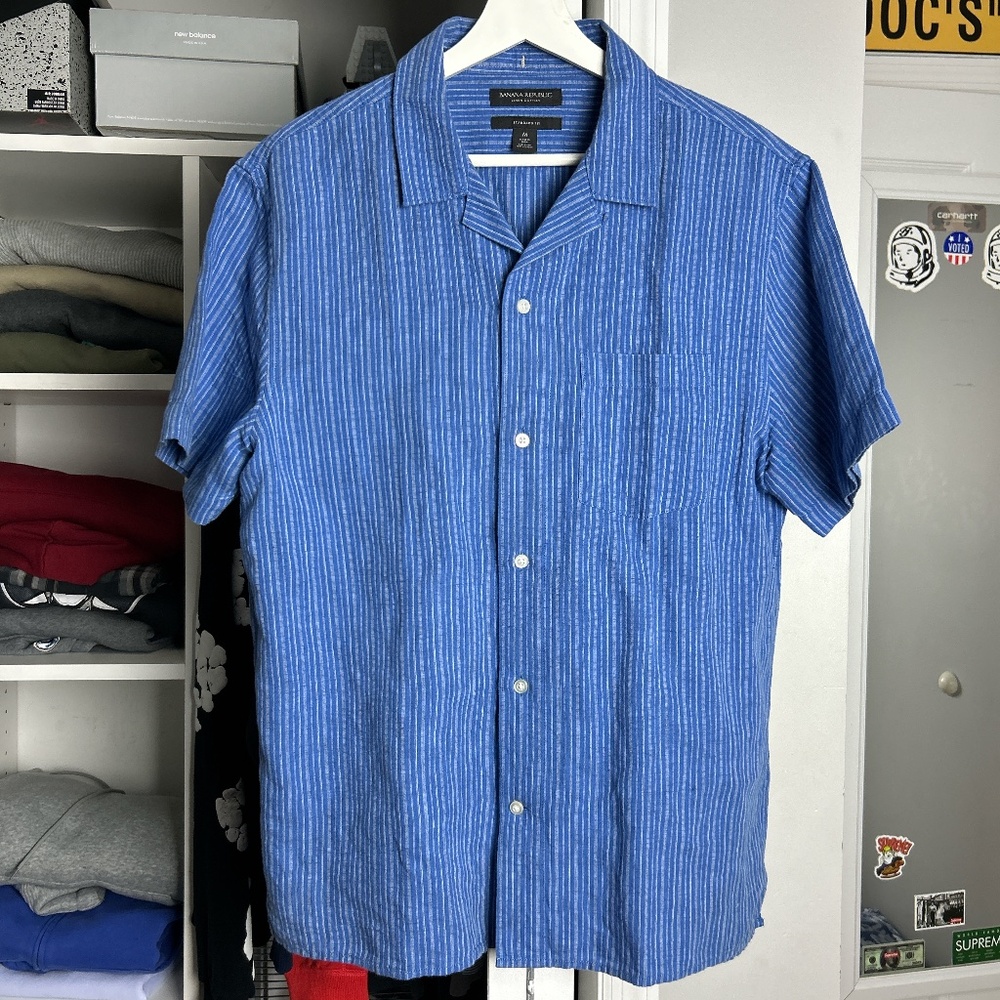 banana republic linen cotton men’s medium striped short sleeve button up shirt